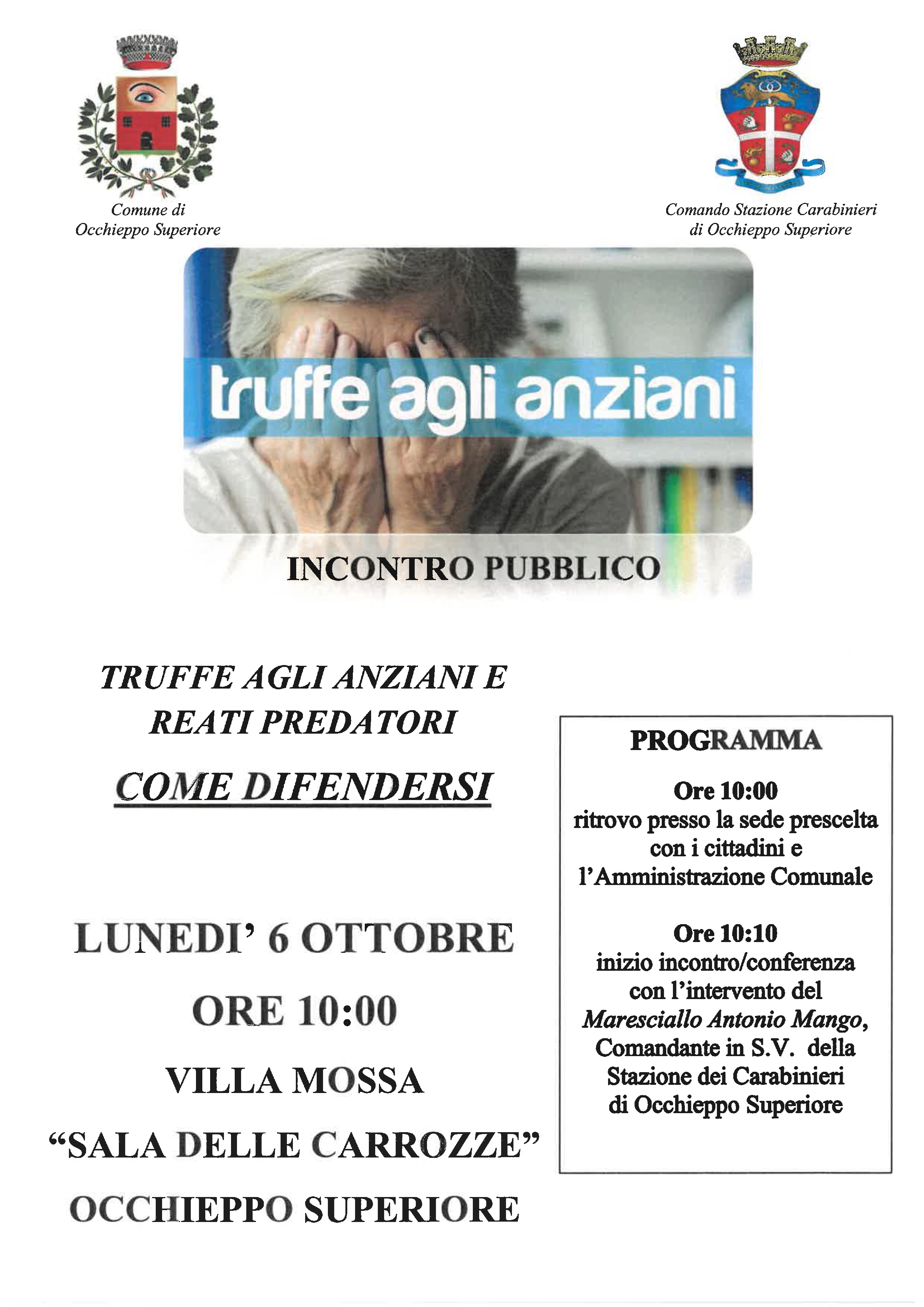 Truffe agli anziani e reati predatori - come difendersi - lunedì 6 ottobre ore 10:00 - Villa Mossa "Sala delle Carrozze"